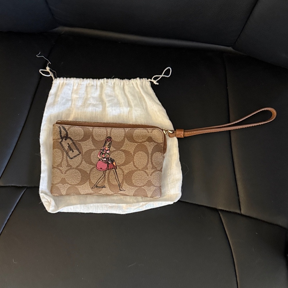 Coach Brown Wristlet with Pink Cartoon Design